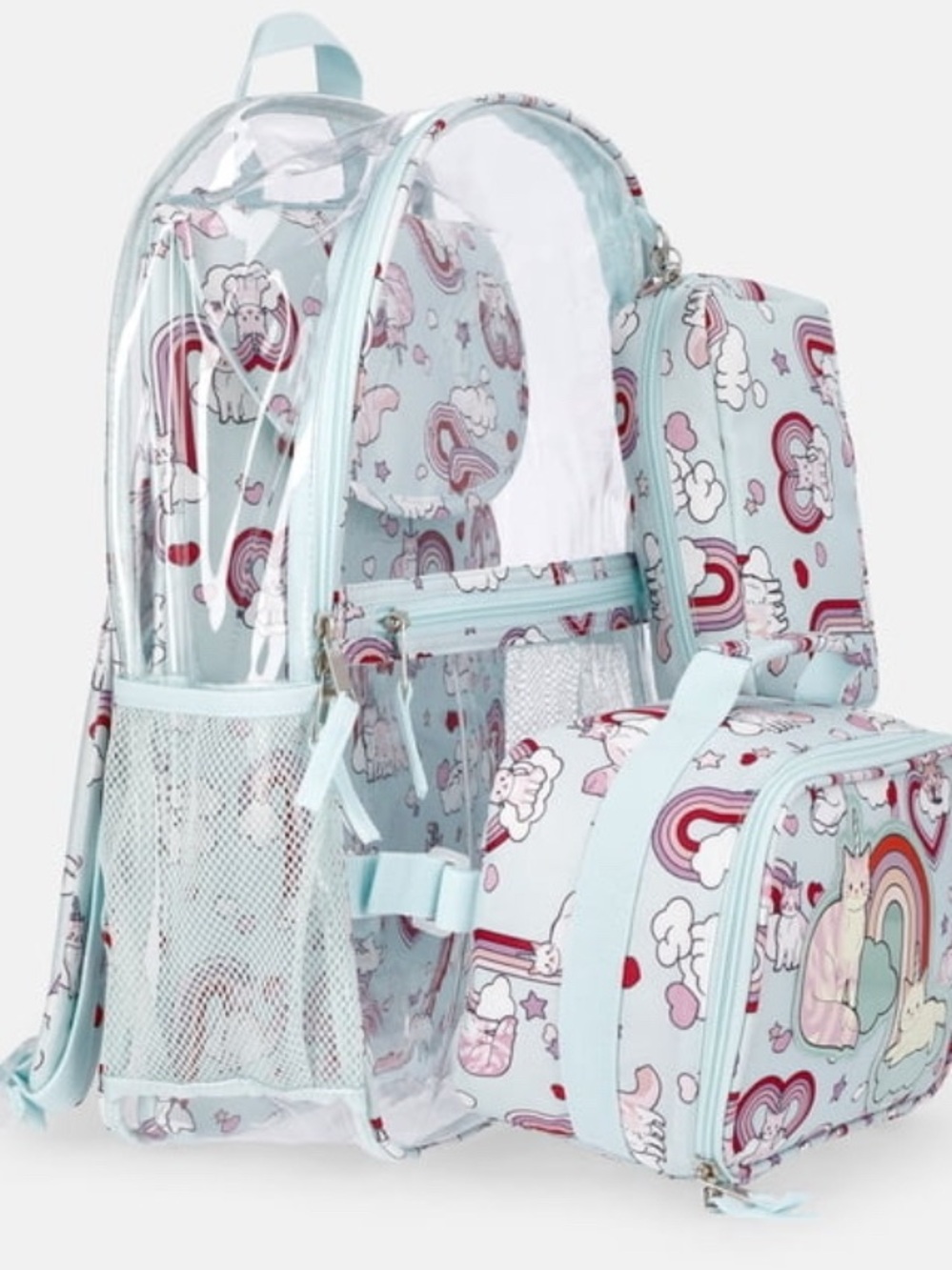 Wonder Nation 4-Pc Clear Backpack Set Girls Caticorn Lunch Bag Laptop Sleeve